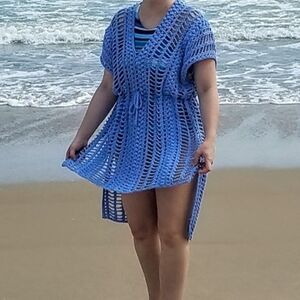 Hand Crafted Blue Cotton Crochet Beach Swimwear Coverup, Size M/L